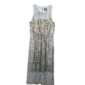 VINCE CAMUTO Sleeveless Lined Pleated Midi Dress Boho Snake Print Luxury Size 6
